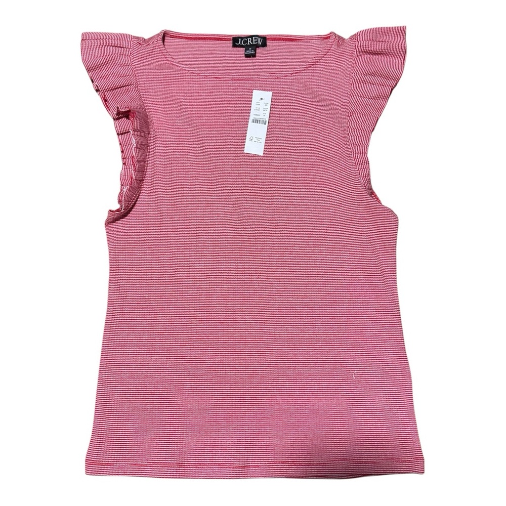 J. Crew Vintage Rib Boatneck Ruffle Tank Top, Red/White, M, NWT